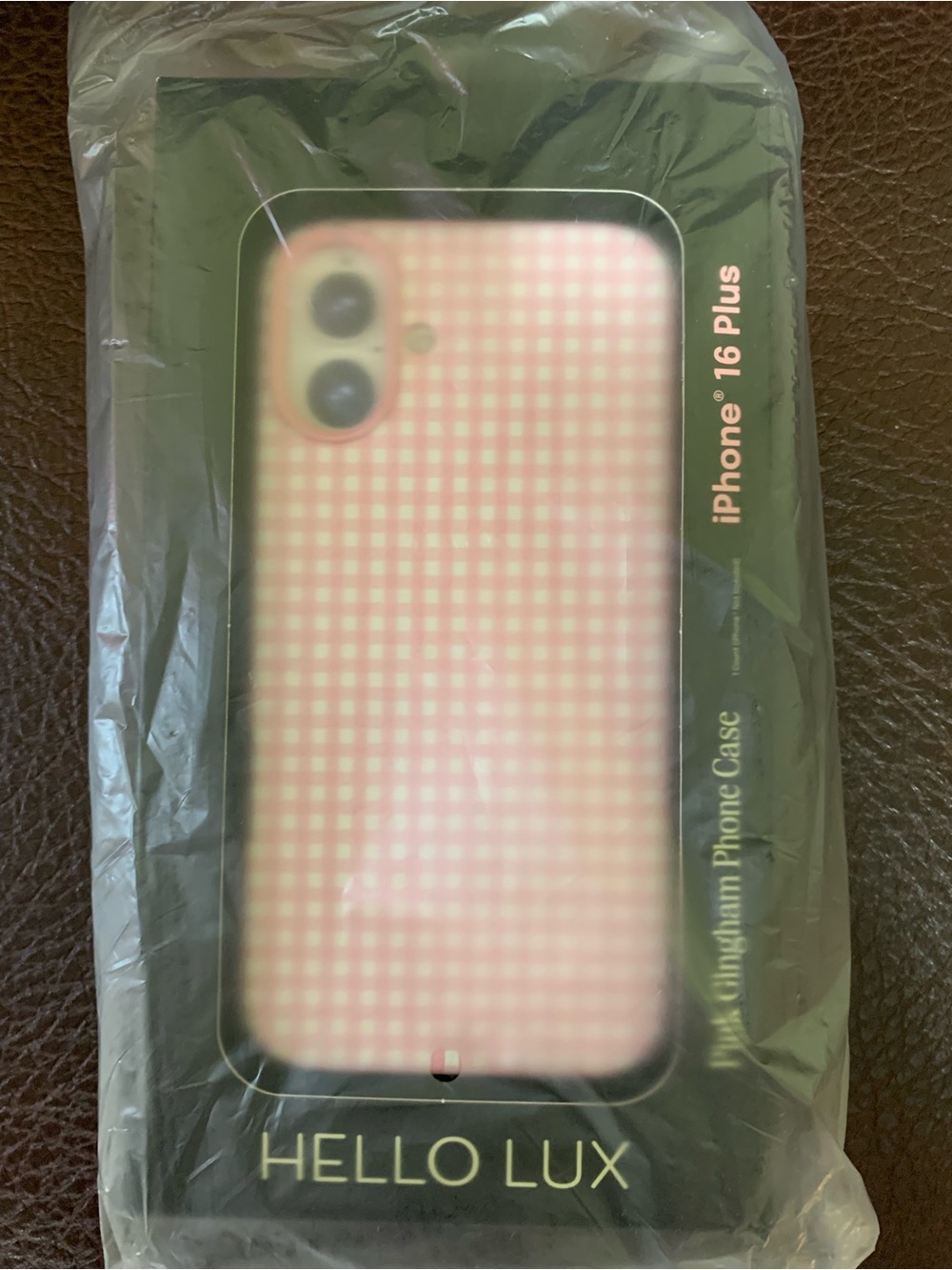 Hello LUX I Phone 16 Plus pink gingham phone case